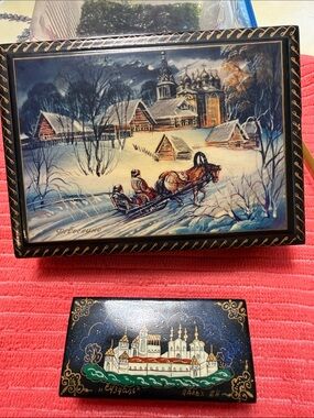 Hand-Painted Russian Lacquer Boxes — Winter Village Scene, Church Motif.5,5 by 4